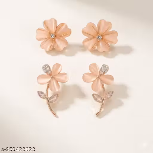 Floral Crystal Stud & Ear Cuff Earrings combo Set for Women | Pink Flower Design Rose Gold Plated Earrings