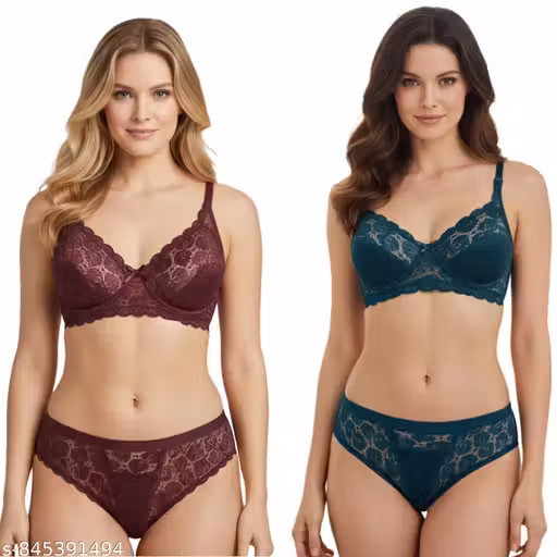 Women’s Non-Padded Lace Bra & Hipster Panty Set Pack of 2 – Soft Seamless Lingerie