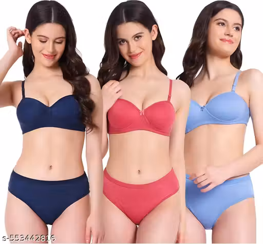 ETHERIA | Women's Everyday Cotton Bra & Panty Set – Pack of 3 (Blue, Onion, Navy)