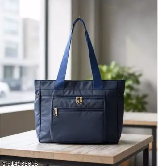 Women's Navy Blue Multi-Pocket Tote Bag for Office & Travel