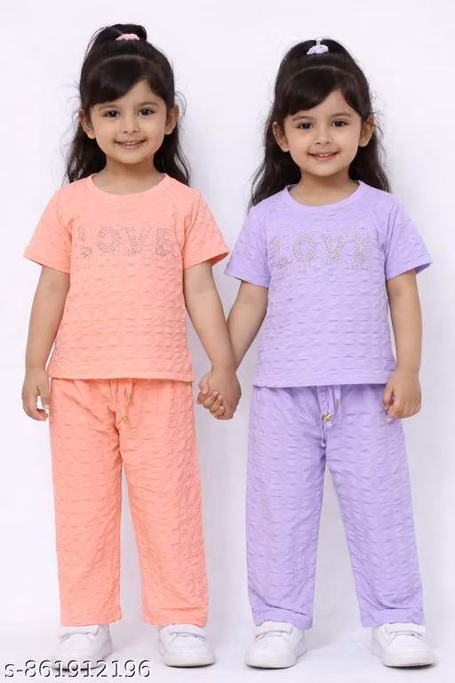 Textured Top & Bottom|Kids Girls Solid Textured Top & Pant Set | Casual Wear Co-Ord Set |Girls Stylish Textured Co-Ord Set (Top & Bottom)
