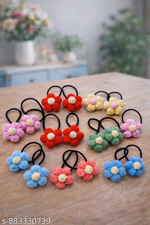 Handmade Crochet Flower Hair Ties, Pack of 5 Pairs, Mix Colours, Soft Elastic Ponytail Holders, 10 Pieces