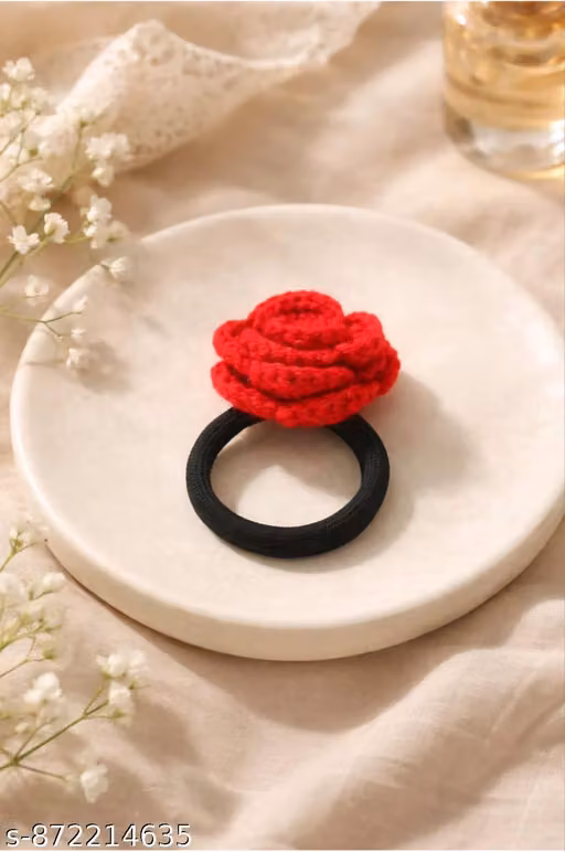 Crochet Rose Hair Tie, Red Flower Ponytail Holder with Black Elastic Band, Set of 2