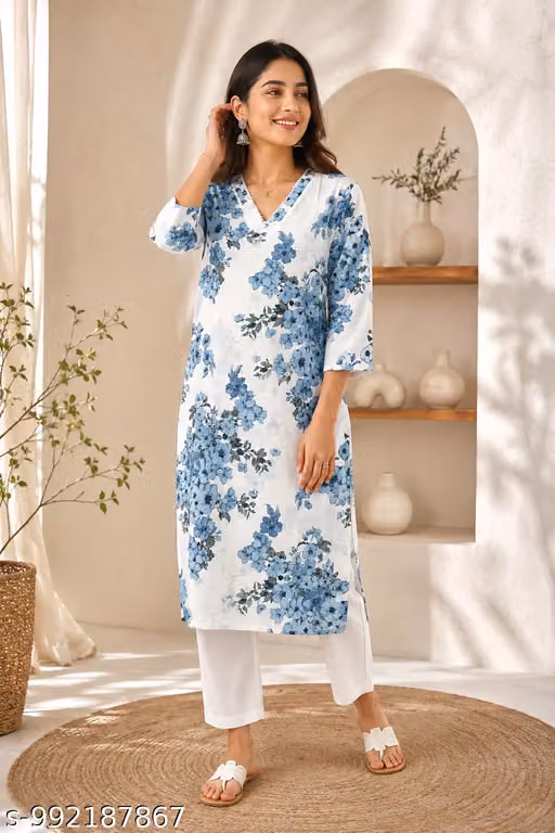 Women’s Printed Long Kurti | Stylish V-Neck Sam Style Ethnic Wear Kurta for Casual & Festive Look