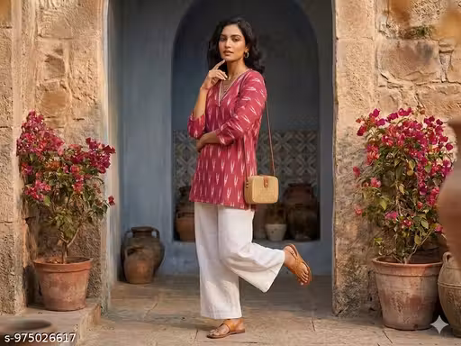 Women’s Pink Cotton Short Kurti | Trendy V-Neck Designer Ethnic Wear Kurti for Casual & Office Style