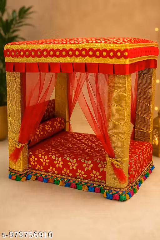 ASREET COLLECTION New Attractive Trending Laddu Gopal Ji Bed/Singhasan with Net | Red | Suitable for 0–4 No. Krishna Ji, Kanha Ji & Thakur Ji