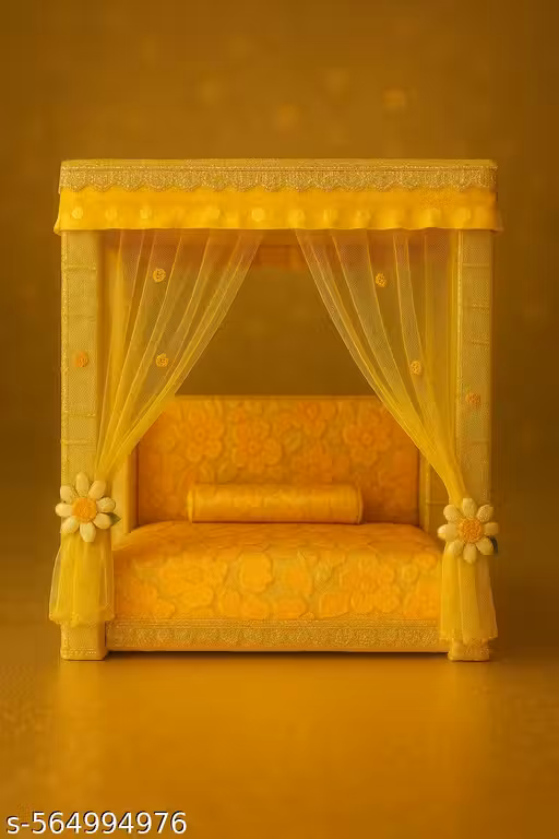 ASREET COLLECTION New Attractive Bed/Singhasan for Laddu Gopal Ji with Decorative Net | Yellow | Suitable for 0–3 No. Krishna Ji, Kanha Ji & Thakur Ji
