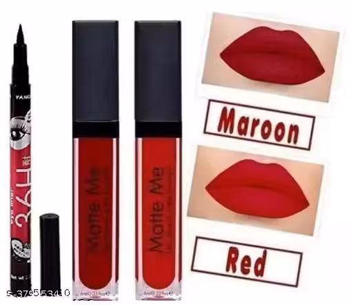 ASREET Red & Maroon Matte Me Liquid Lipstick Combo with Free 36H Waterproof Eyeliner | Long Lasting Matte Lip Color for Women & Girls