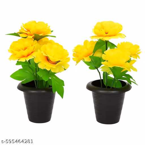 Artificial Yellow Flower with Black Pot | Decorative Faux Plant for Home & Office Décor