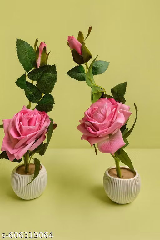 Artificial Pink Rose Flower Pot for Home & Office Decor | Decorative Flower Vase | Tabletop Showpiece