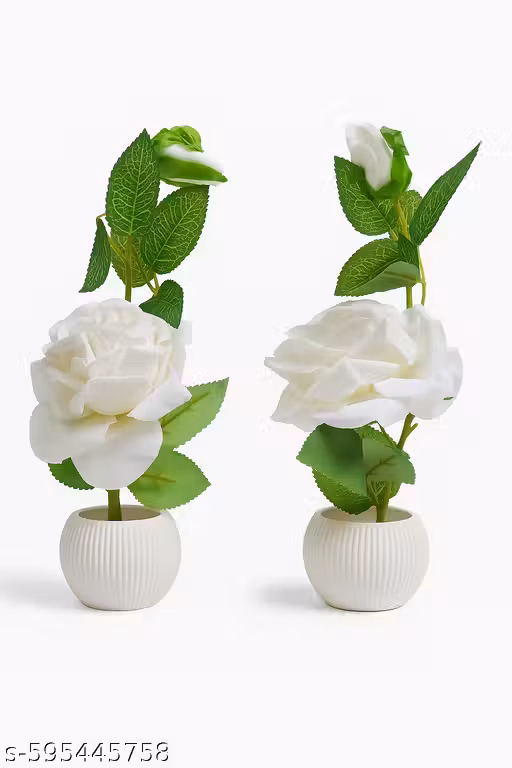 Artificial White Rose Flower with Ceramic Pot | Decorative Faux Plant for Home, Office & Table Décor