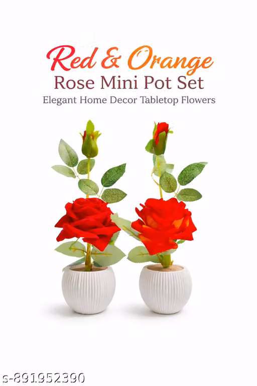 Red Orange Rose Mini Pot Set (2 Pcs) – Elegants Home Decor Tabletop Flowers