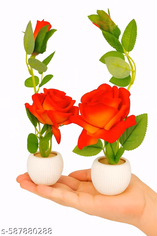 Artificial Red Rose Flower Plant with White Ceramic Pot – Decorative Indoor & Tabletop Showpiece (Set of 2)