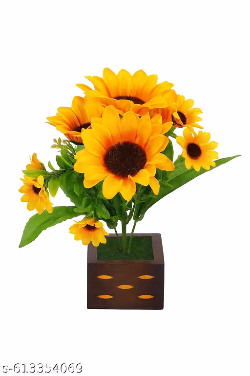 Artificial Yellow Sunflower Flower Pot for Home & Office Décor | Wooden Base Decorative Table Showpiece