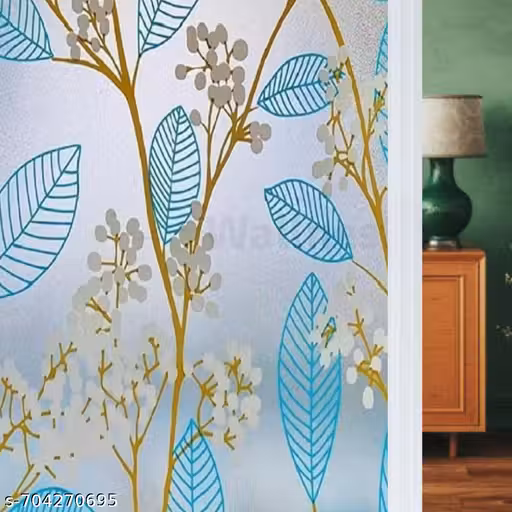 Vinyl Self Adhesive Frosted Window Privacy Film for Window Office| Decorative Sticker Wallpaper Vinyl Sheet for Glass Door, Bathroom, Home, Blue Leaves 16X60Inch (Area cover 6sqft)