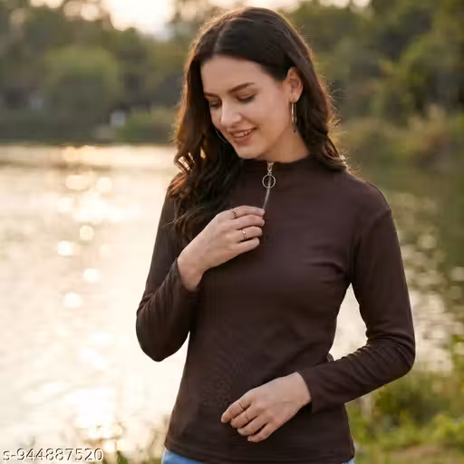 Women Coffee Brown Ribbed High Neck Half Zip Full Sleeve Top for Women Stylish Slim Fit Stretchable Casual Wear Mock Neck Zipper Top for Girls