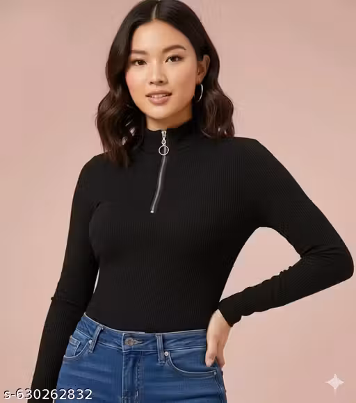 Women’s Black Ribbed High Neck Zipper Top | Full Sleeve Mock Neck Knit Top