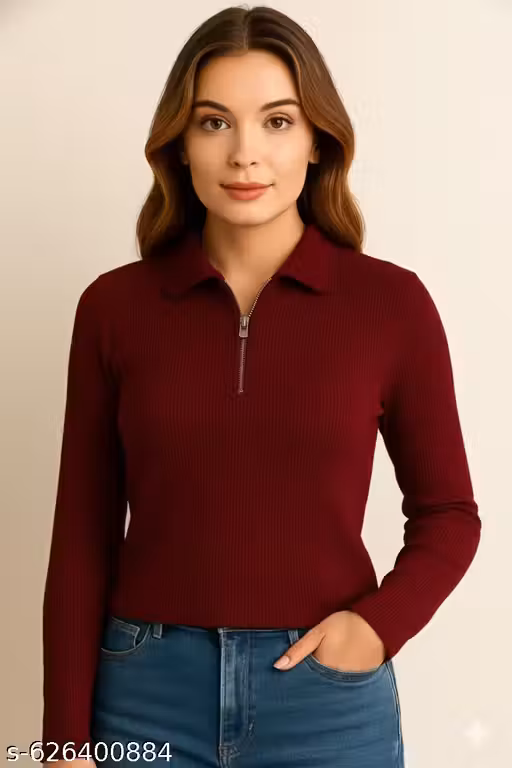 Ribbed Zipper Polo Knit Top || The Cocoa Collar Zip top || ​Long Sleeve Zip-Front Ribbed Tee || ​Polo Neck Zipped Rib Knit T-Shirt