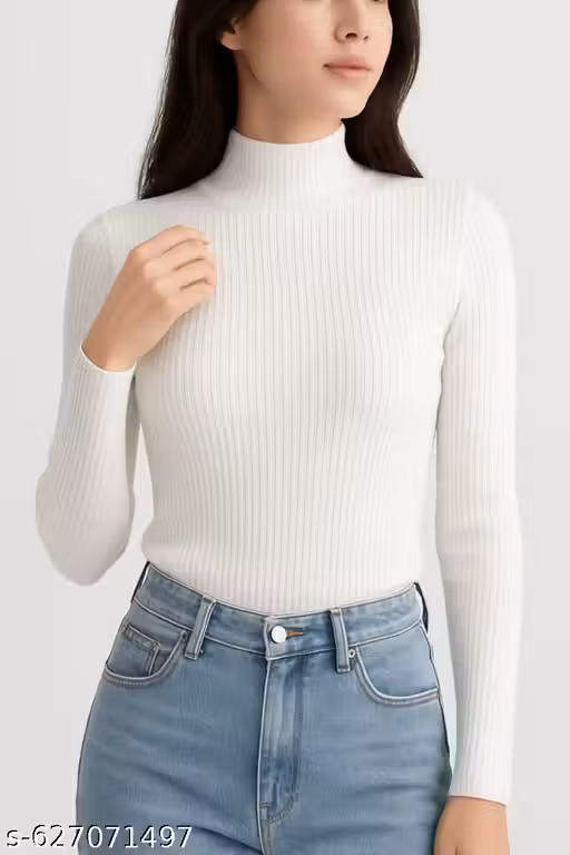 Chic White Ribbed High Neck Full Sleeve Top Trendy Slim Fit White Ribbed Turtleneck Top Women's Elegant Rib-Knit High Neck Winter Pullover (White) Classic Solid White Ribbed Full Sleeve T-Shirt/Sweater Top Latest Fashionable White Ribbed Turtle Neck Top f
