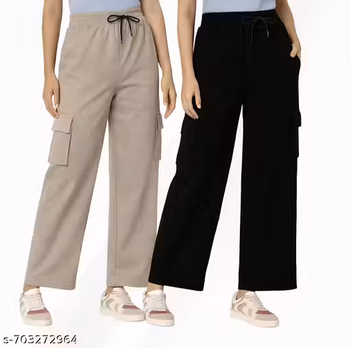 Women Solid Wide Leg Cargo Pants Combo | Black & Beige | Elastic Waist Casual Trousers | Trendy Daily Wear