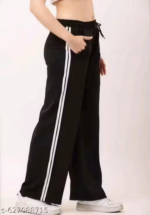 women's black colored, wide-leg/straight-fit track pants/joggers with a double white side stripe and drawstring waist.