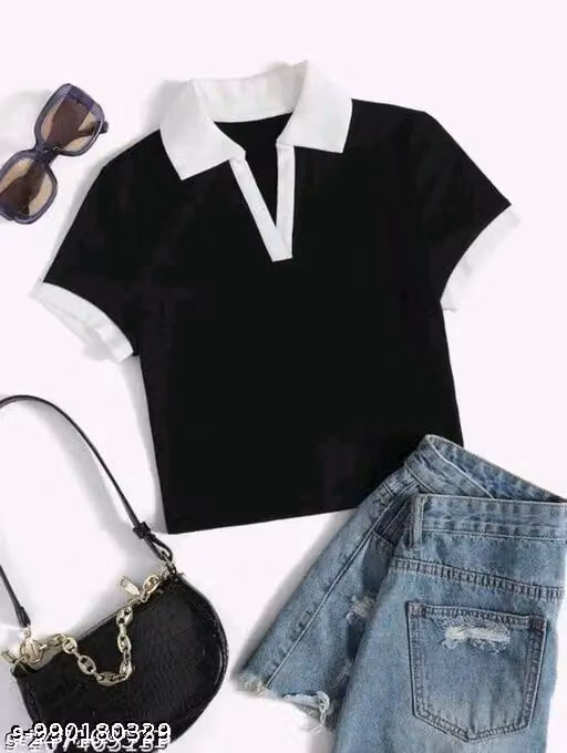 Women Casual Contrast Polo Neck Crop Top | Girls Fashionable Ribbed Short Sleeve Tee