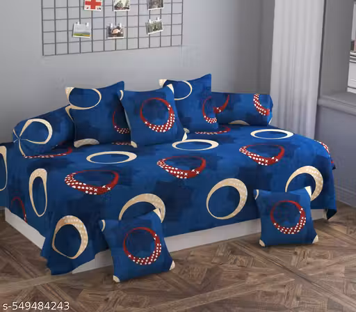 Blue Geometric Print 8-Piece Diwan Set with Cushion Covers & Bolster Covers | Soft Cotton Blend Sofa Cover Set