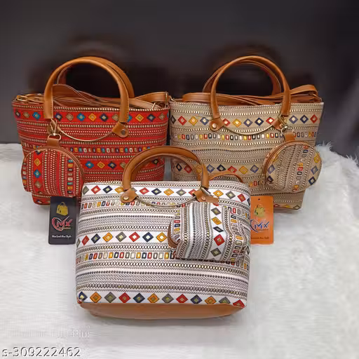 Classy Fabric Traditional Handbags for Womens and Girls(Pack of 3)(Maroon, White and Brown)