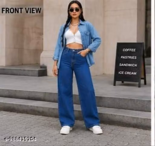Women's Wide Leg Jeans | High Rise Blue Denim | Casual & Office Wear Palazzo Fit