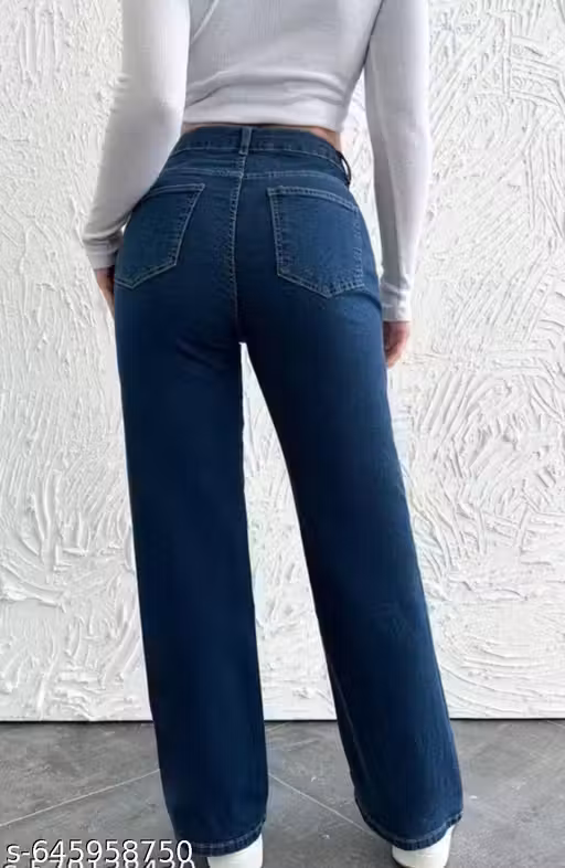 trending stylish straight fit wide-leg blue jeans for women