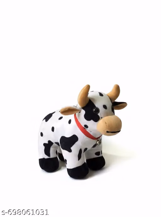 "New Arrival: Our classic spotted cow plush! Featuring soft fabric, tan horns, and a sweet red collar with a real bell.