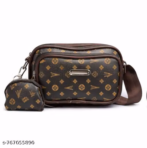 Trendy Brown Monogram Sling Bag with Mini Coin Pouch l Stylish Dual Zip Crossbody Sling Bag for Women Premium Printed Sling Bag Combo with Small Pouch