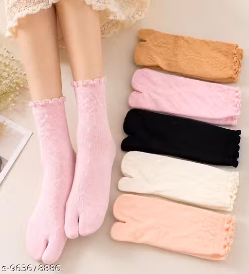 Women Korean Style Split Toe Tabi Socks Combo Pack of 5 | Soft Stretch Textured Ankle Length Fashion Socks