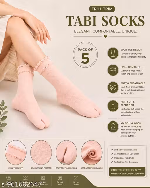 Women Korean Style Floral Lace Crew Socks Pack of 5 | Soft Breathable Stretchable Fashion Socks for Girls & Women | Cute Ruffle Designer Mid Calf Socks Combo