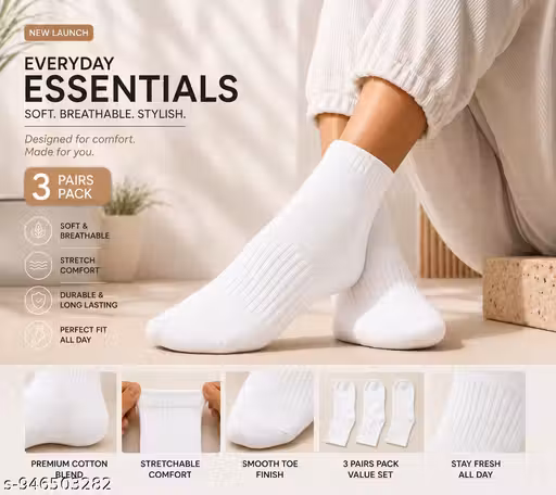 Premium Unisex White Cotton Mid-Calf Socks Pack of 3 | Soft & Comfortable