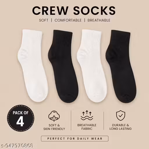 Stylish Unisex Cotton Crew Socks Combo Pack of 4 | Soft Daily Wear Black & White Socks for Men & Women