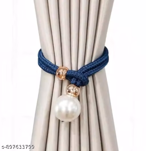 Luxury Braided Rope Curtain Tiebacks with Pearl Ball – Adjustable Magnetic-Free Curtain Holdbacks for Living Room, Bedroom & Home Décor (01 Pair, Blue)