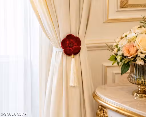 Premium Velvet Flower Curtain Tie Backs with Elegant Decorative Tassel | Luxury Window Drapery Holdback Holders for Living Room & Bedroom (Set of 4, Maroon)