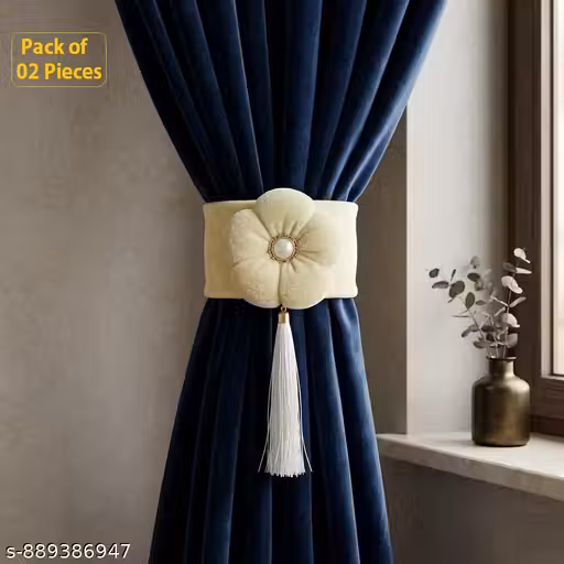Luxurious Cream Velvet Flower Velcro Curtain Tieback with Elegant Tassel & Pearl Center – No-Drill Floral Drapery Holdback for Living Room & Bedroom (Set of 2)