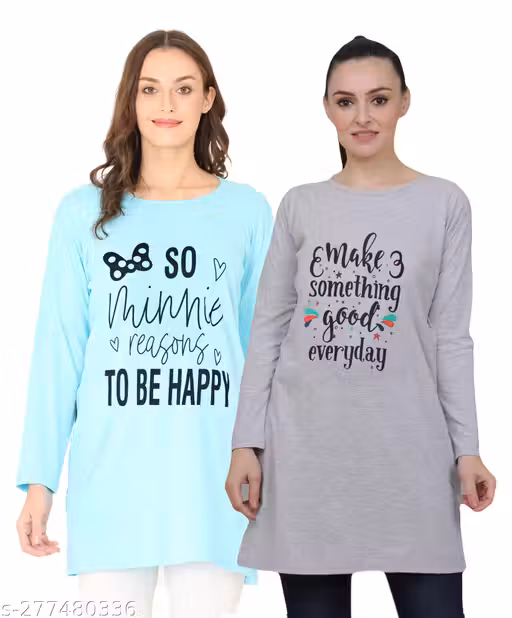 Women's Cotton Regular Fit Full Sleeves Long Printed T-Shirt, for Women & Girls | Pack of 2