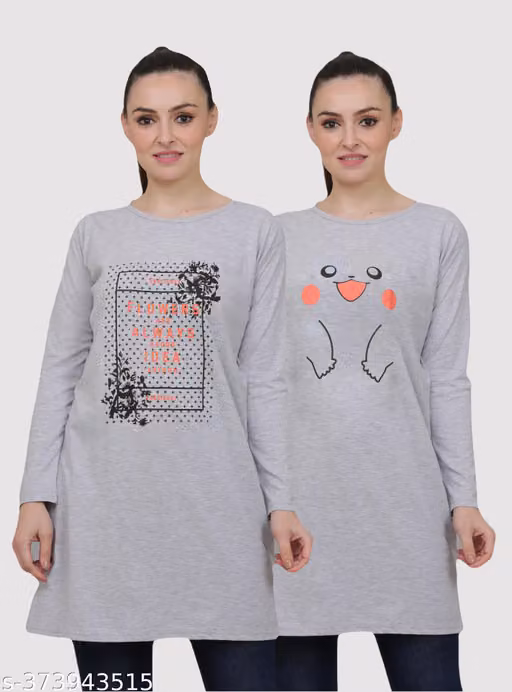 Printed Women's Round Neck Long t-shirt Combo | Pack of 2