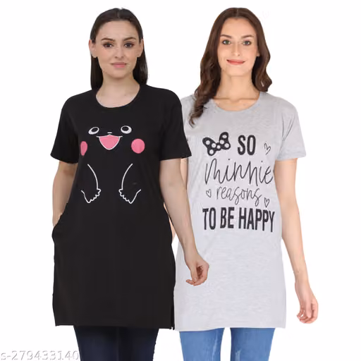 Printed round neck half sleeve long t-shirt | Regular Fit | Pack of 2