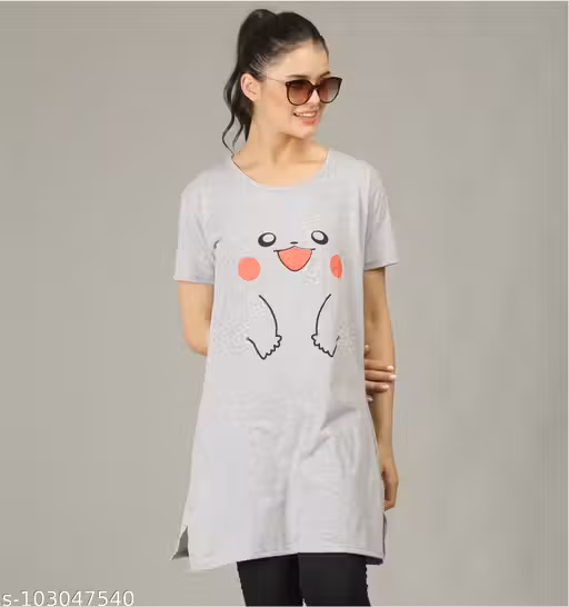 illustrious Printed Women Round Neck Half Sleeve Long Grey t-Shirt