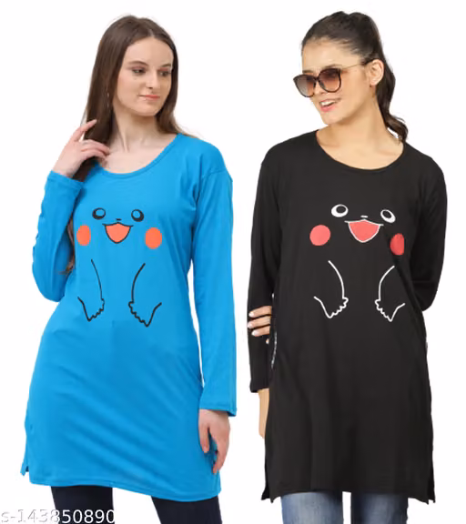 illustrious Printed Women Round Neck Full Sleeve Firozi & Black Combo Long t-Shirt