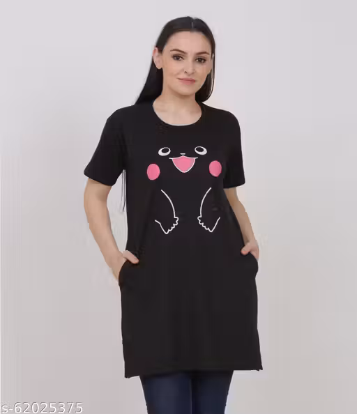 illustrious Printed Women Round Neck Half Sleeve Black Long t-Shirt