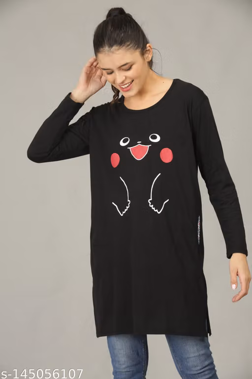illustrious Printed Women Round Neck Full Sleeve Black Long t-Shirt