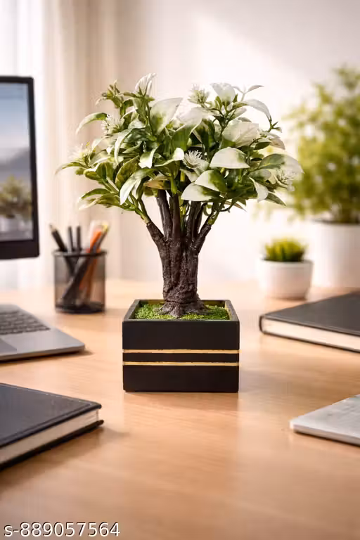 Elegance Artificial Mini Bonsai with Wooden Pot (Pack of 1) | White & Green Decorative Faux Plant for Home Decor, Office Desk, Study Table, Living Room & Bedroom Decoration | Free Size
