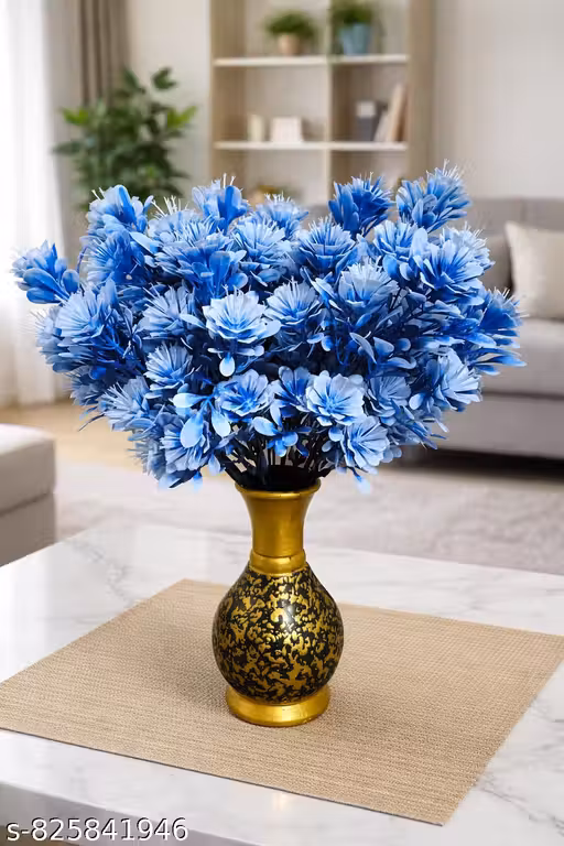 Artificial Blue Flowers for Home Decoration | Luxury Decorative Flower Stems for Vase | Realistic Faux Flowers for Living Room, Office & Table Decor | 32 cm Without Pot (Pack of 2)