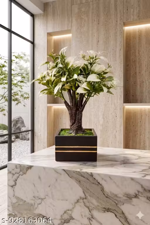 Artificial Bonsai Tree with Green Pot I Pack Of 2 Bunches– 22cm I Free Size I Decorative Mini Plant for Home & Office Desk Decor | Realistic Green Leaves Indoor Plant