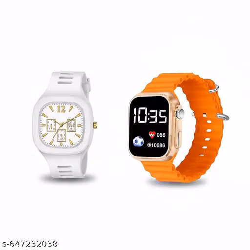 “Trendy Analog & Digital Watch Combo for kids | Stylish White & Orange Sports Watch Set | Daily Wear Fashion Watches”